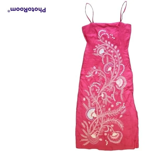 French Connection Pink Embroidered & Beaded Linen[Looking] Midi Dress - 2 - Picture 3 of 13